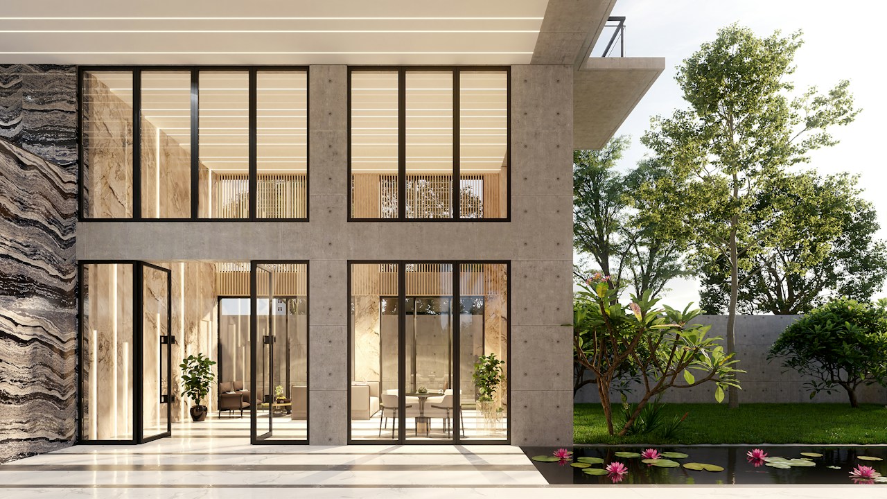Modern luxury house with tall glass windows and a landscaped garden, in a builders website concept.